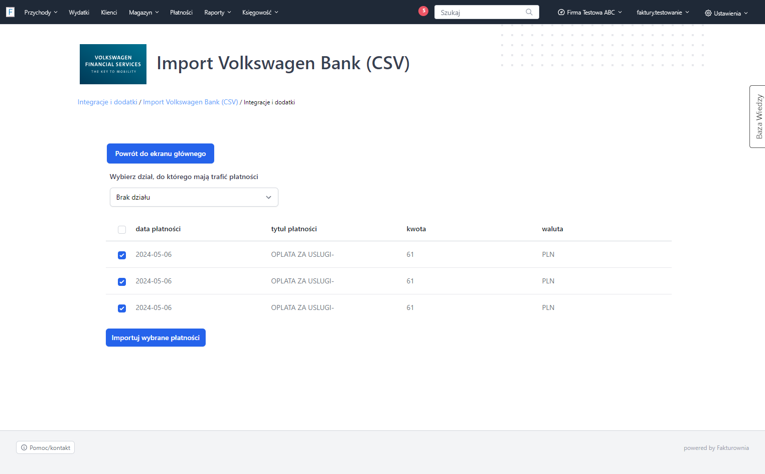 Za pomocą checkboxów wybierz te płatności, które chcesz zaimportować na swoje konto w Fakturowni. Jeśli wybrana płatność nie ma być uwzględniona w imporcie, odznacz checkbox.