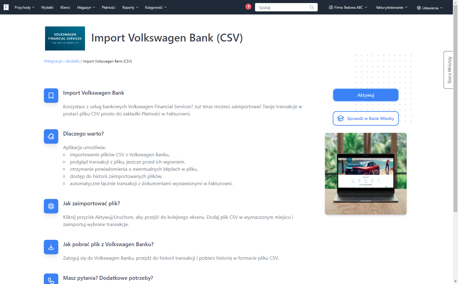 Aby włączyć aplikację, kliknij przycisk 'Aktywuj'. Jeśli aplikacja jest już aktywna w tym miejscu zobaczysz opcję 'Uruchom'. Należy ją wybrać, by przejść do możliwości wgrania pliku z płatnościami.