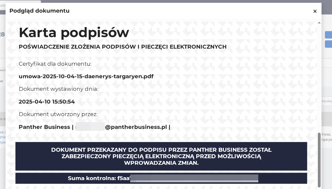 Podpisany dokument zostaje automatycznie zaktualizowany, dołączona zostaje karta z podpisami stron
