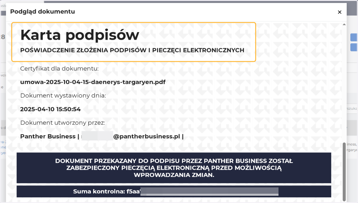 Podpisany dokument zostaje automatycznie zaktualizowany, dołączona zostaje karta z podpisami stron