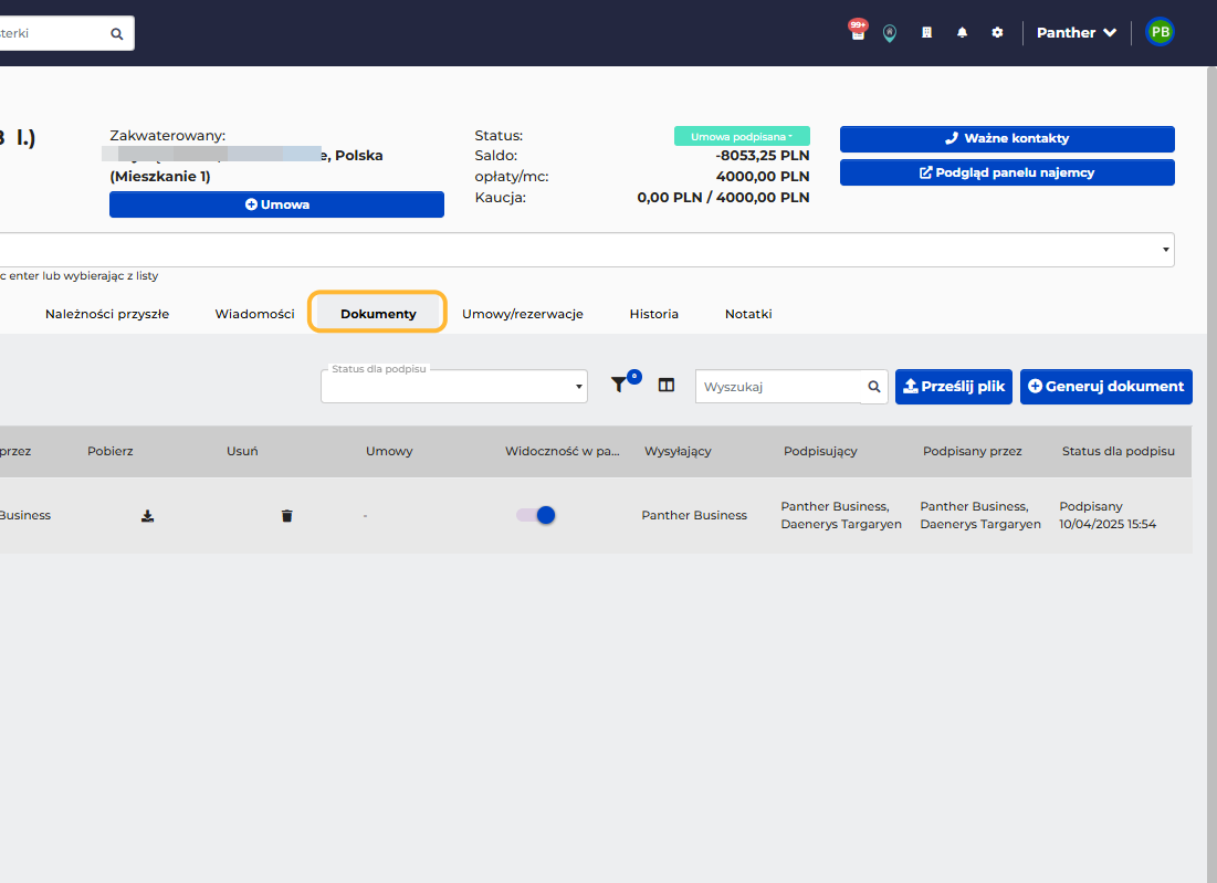 Na karcie Najemcy zostaje zaktualizowany status podpisu