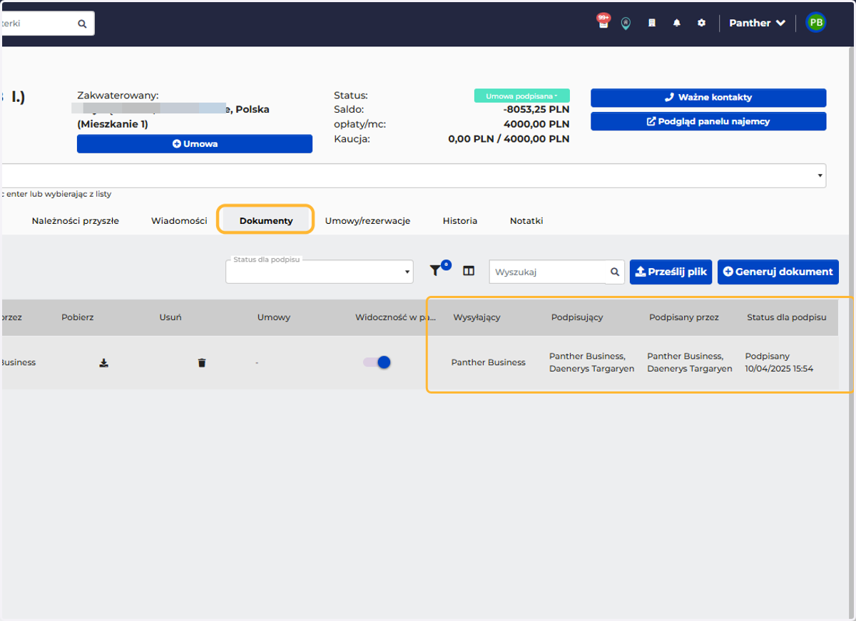 Na karcie Najemcy zostaje zaktualizowany status podpisu