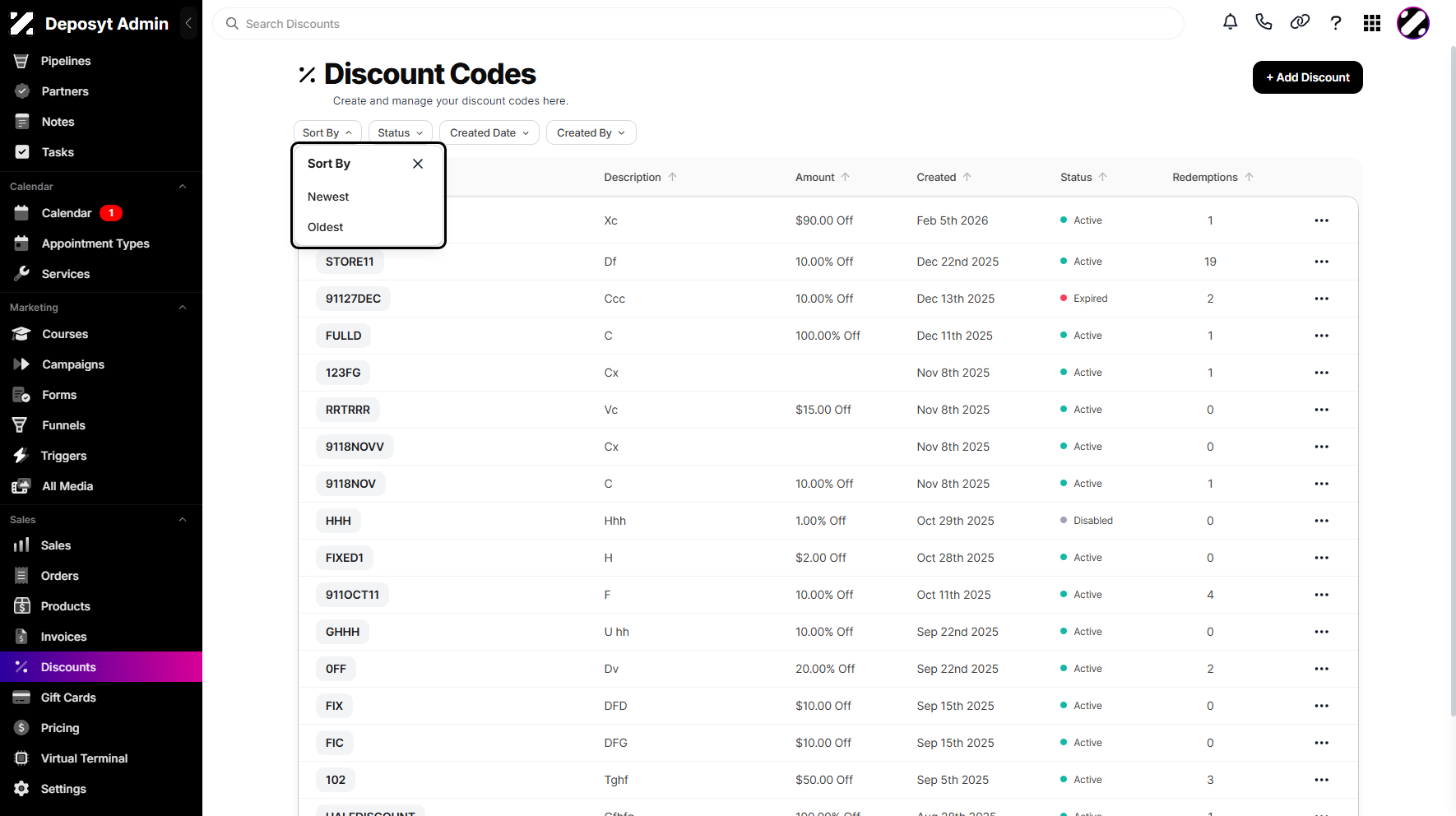 Step 4: A pop-up window will appear, allowing you to choose between Newest or Oldest to sort your discounts.