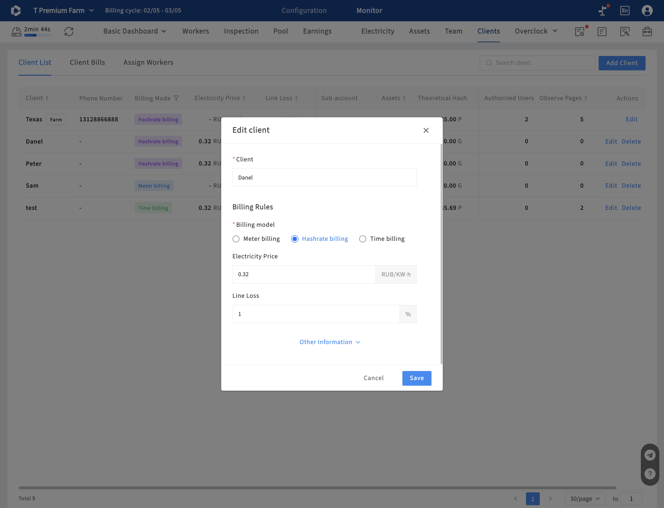 Set the billing model and price for this client, ItsMiner will compute the power usage automatically. Meter billing applies to clients with dedicated electricity meters. Hashrate billing is multiplying the pool hashrate by power rate. Time billing is