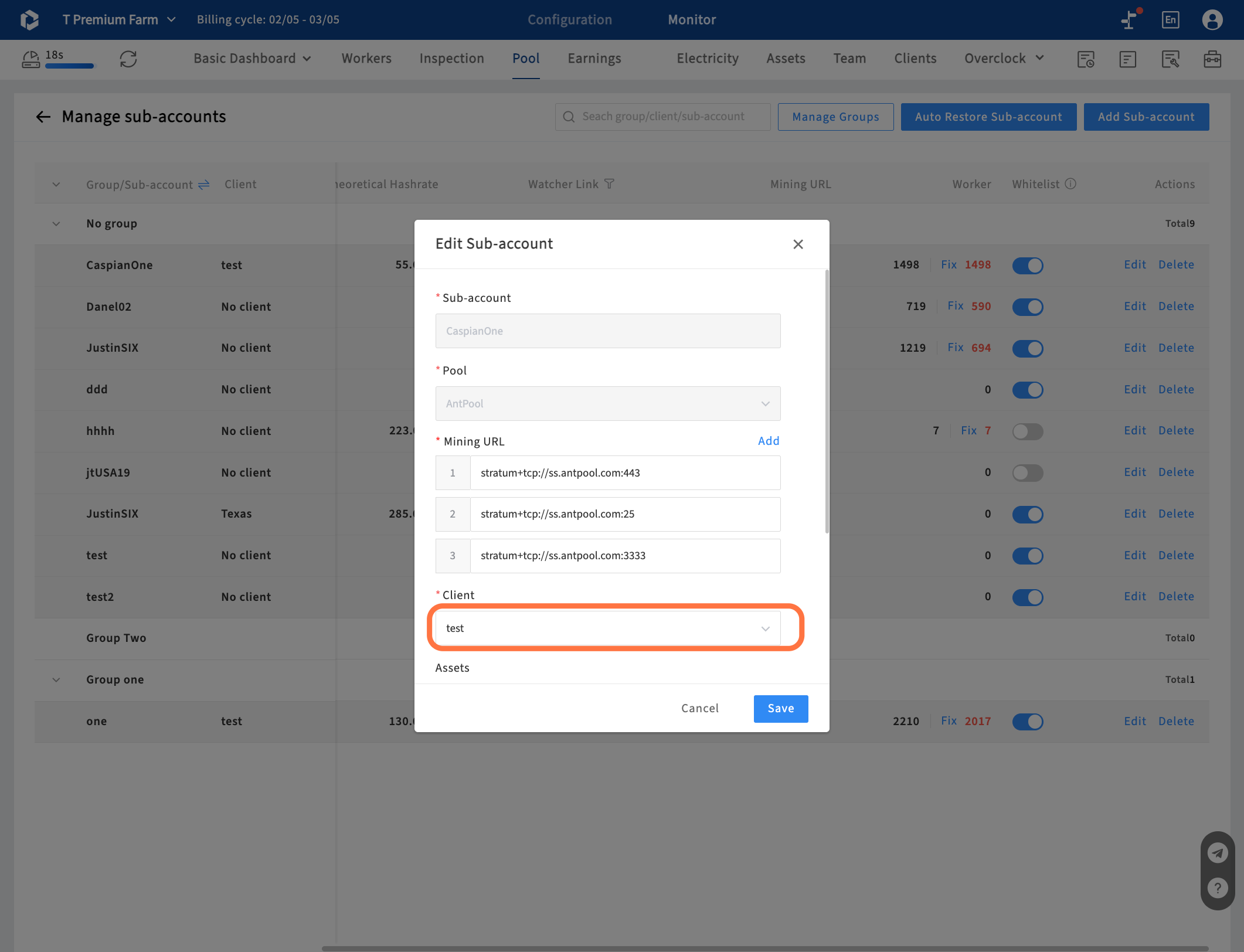 And then click Edit of sub-account, select the right client for this sub-account. Now you can manage miners and power usage by client as below.