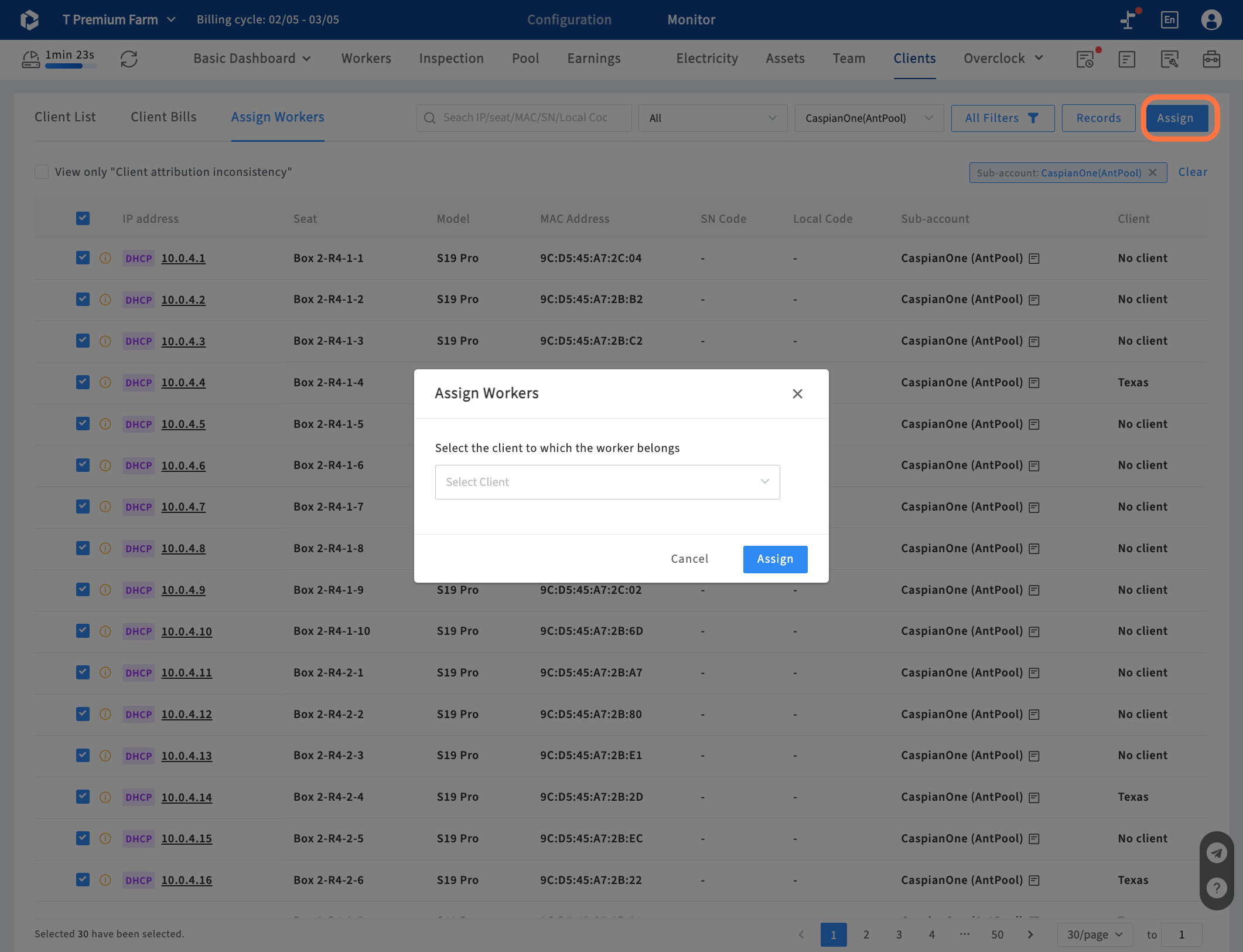 Then select miners to assign to the right client, in Assign Workers page.