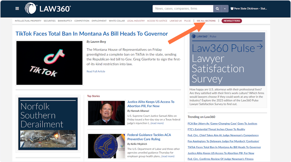 This is the main Law360 screen, which shows the top news stories. To see a subject-specific page, click on See All Sections.