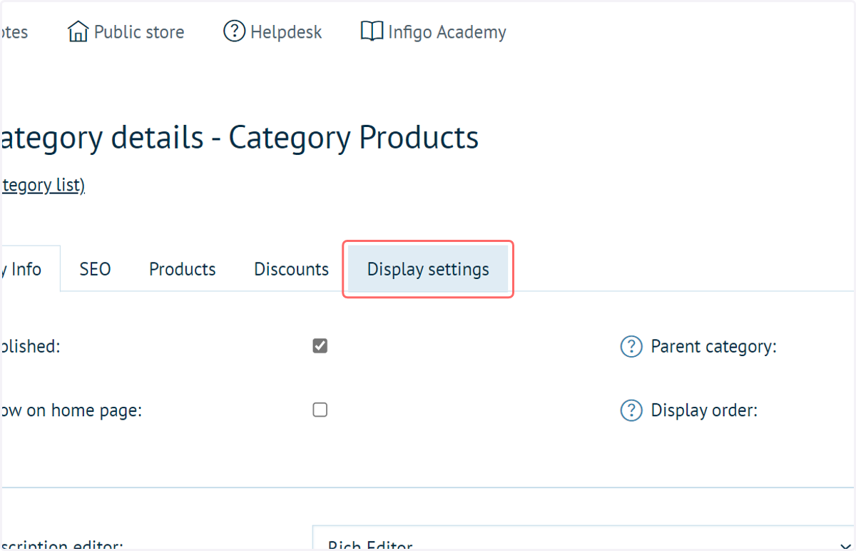 Click on Display settings within the Category settings