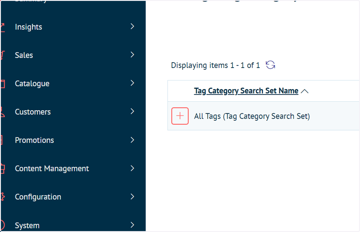 Click the '+' icon to add content to the Tag Category Search Set