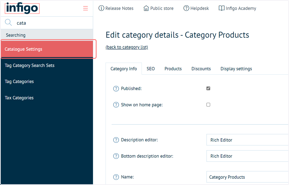 Navigate to the Catalogue Settings