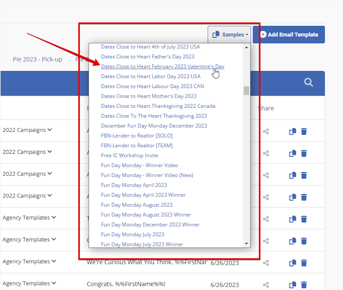 The templates are listed in alphabetical order. 
Sroll to locate your email template & click on the name to download.