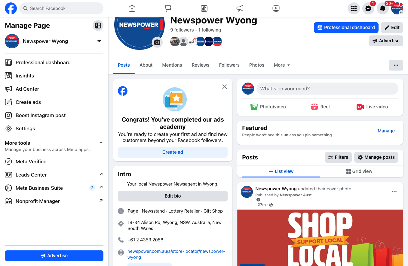 Go to your business page