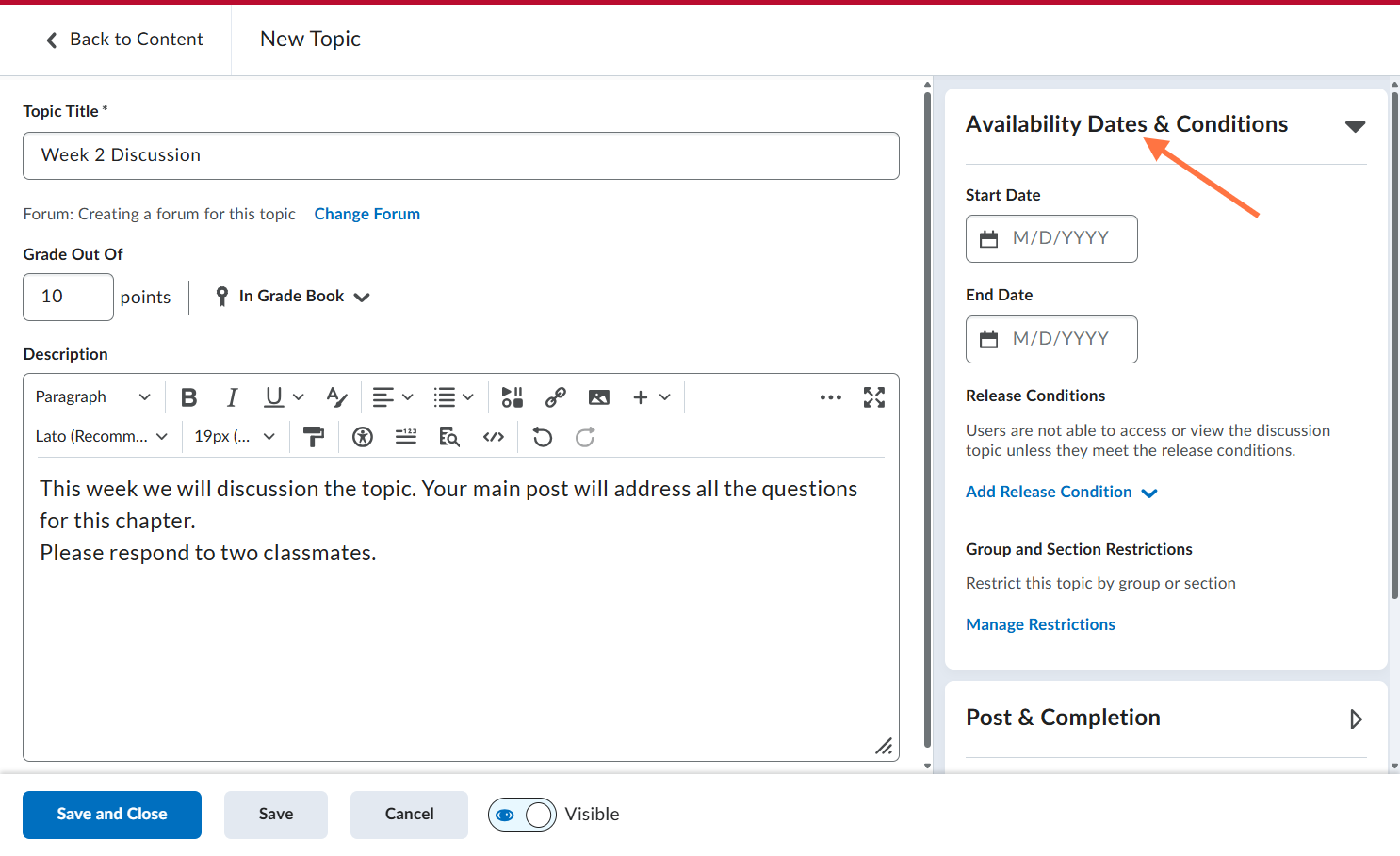 Click Availability Dates and Conditions