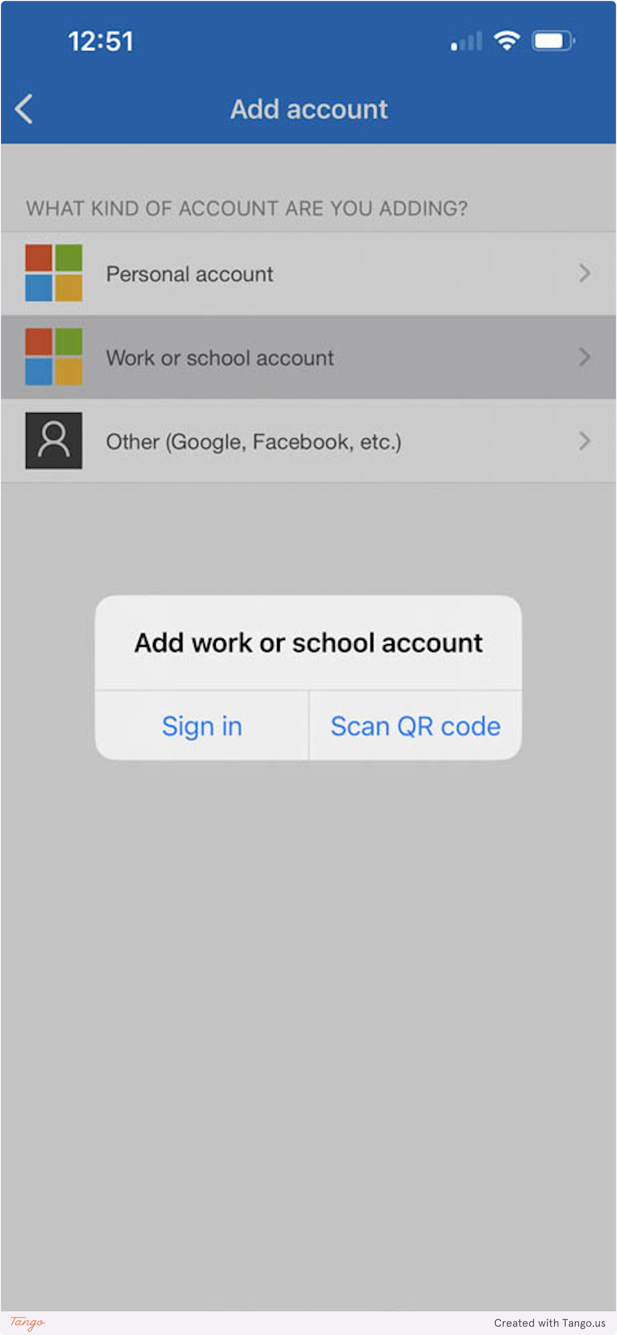 Choose work or school account, then scan QR code