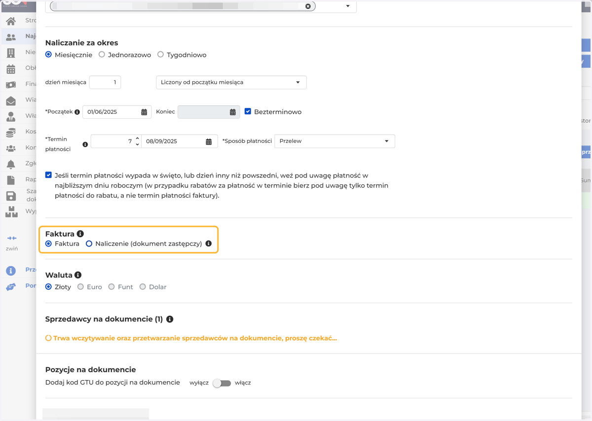 Wybierz typ wystawianego dokumentu