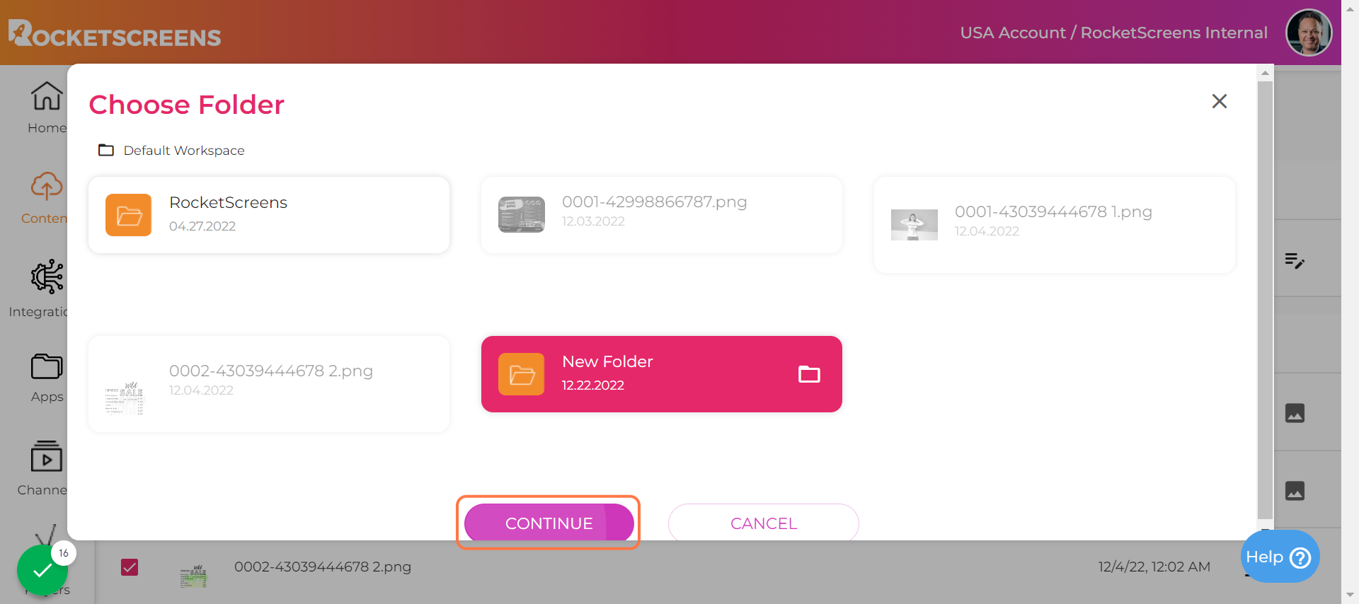 Click on CONTINUE to move files