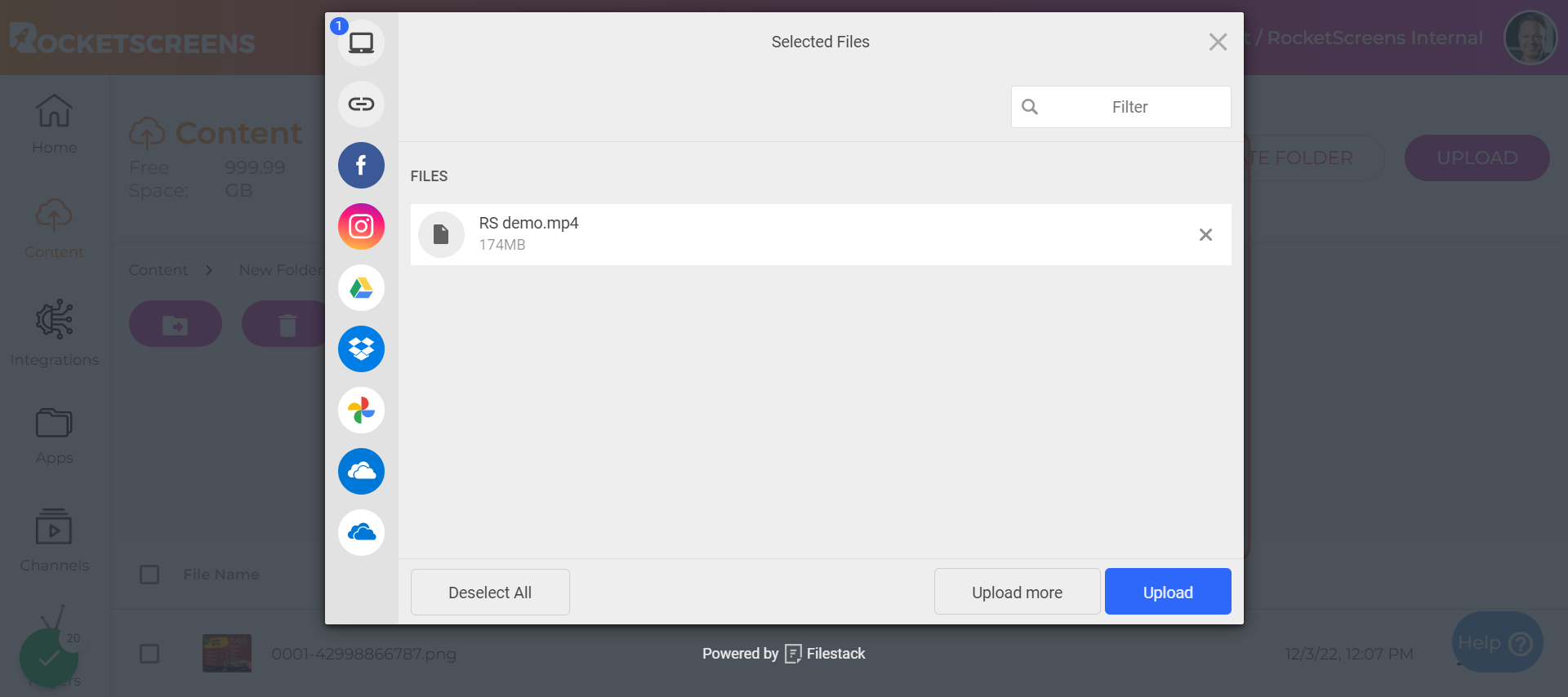 click upload to move files into RocketScreens