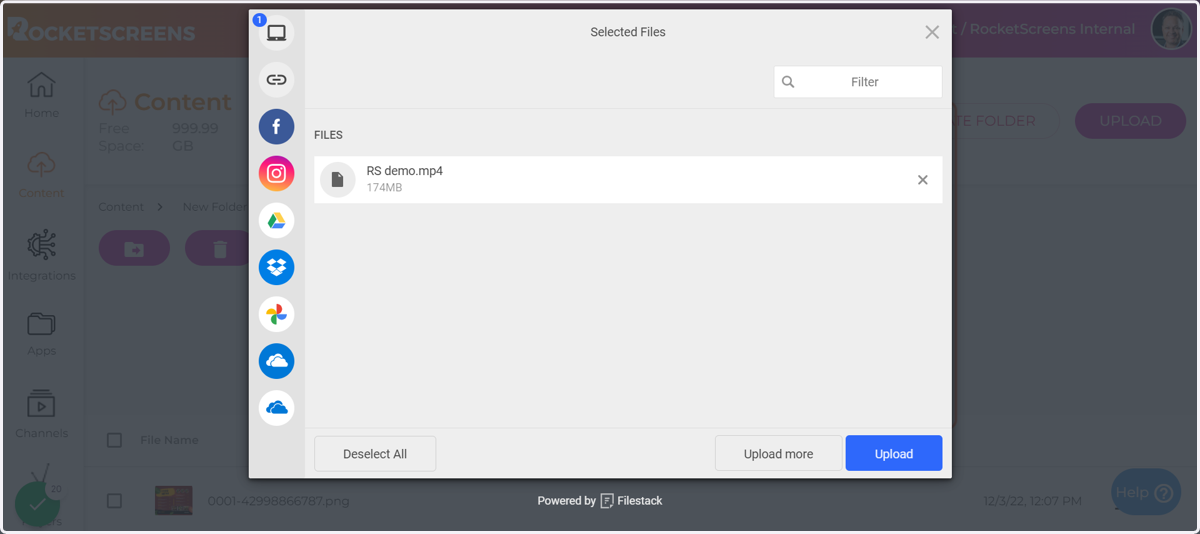 click upload to move files into RocketScreens