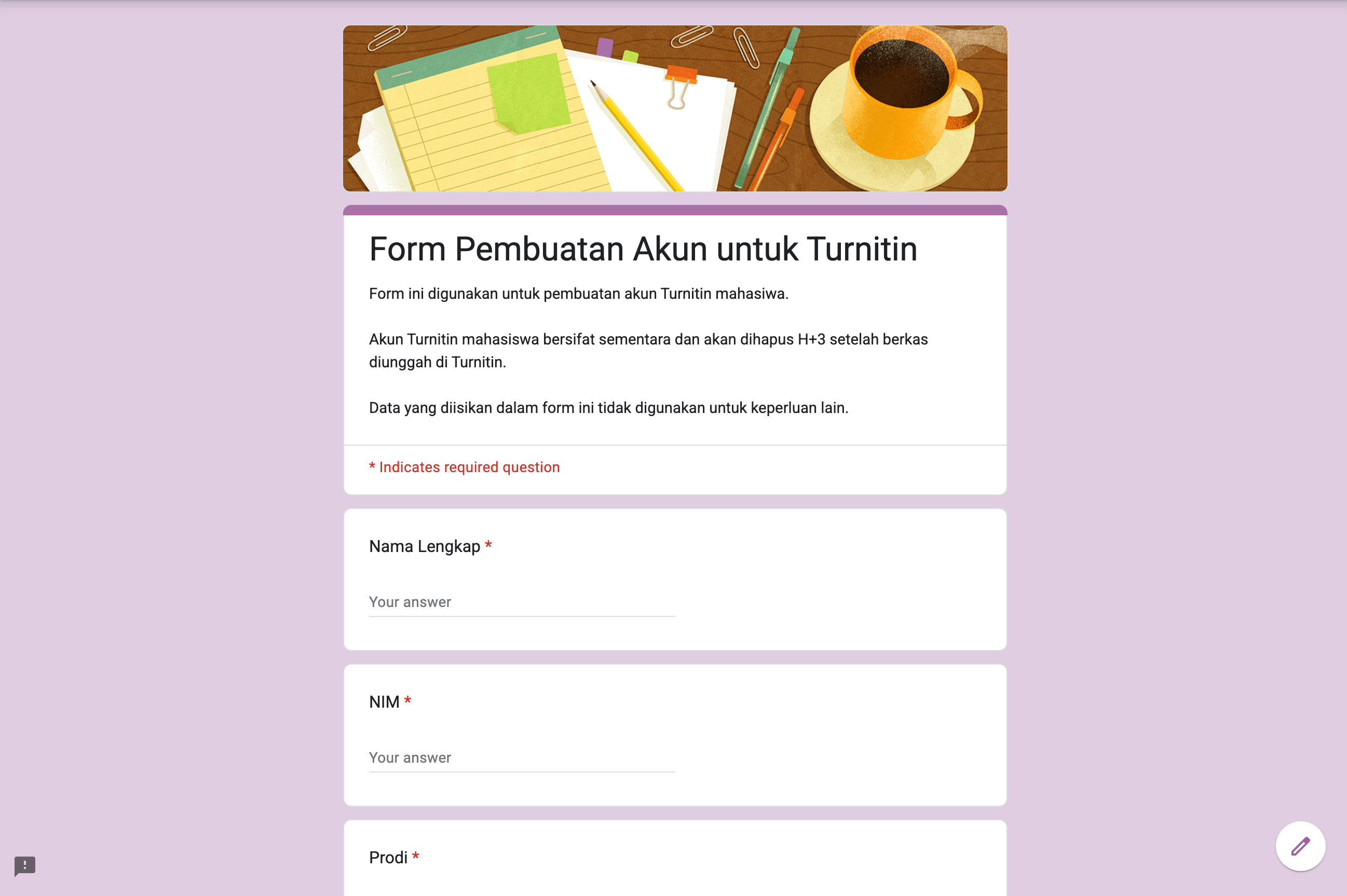 Mengisi form pembuatan akun turntin