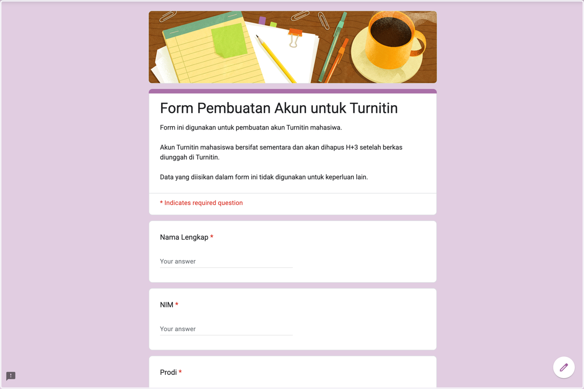 Mengisi form pembuatan akun turntin