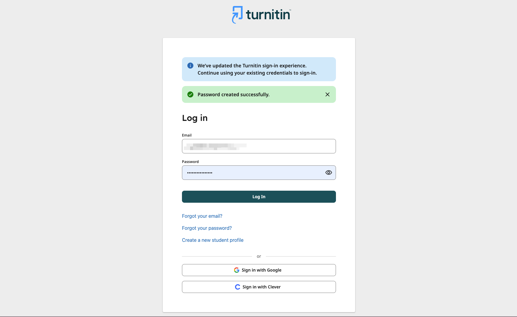 Kembali ke halaman utama Turnitin, kata sandi akun telah berhasil dibuat.