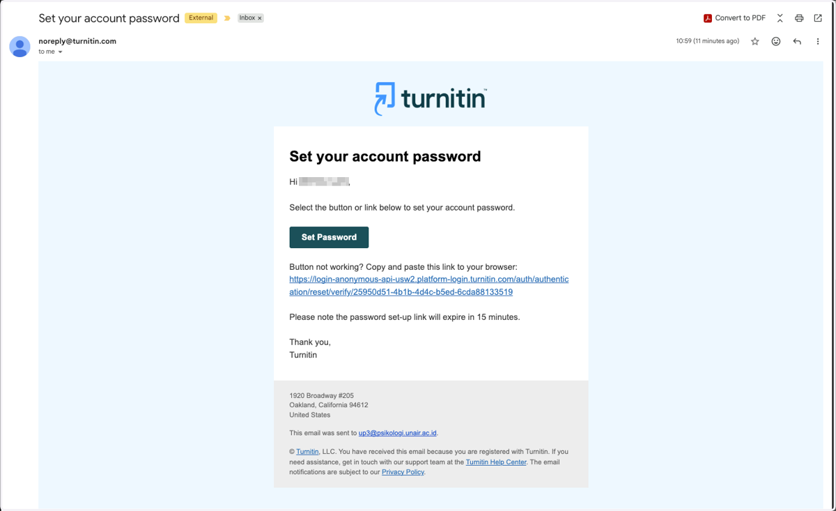 Anda mendapatkan email untuk mengatur kata sandi Akun Turnitin
