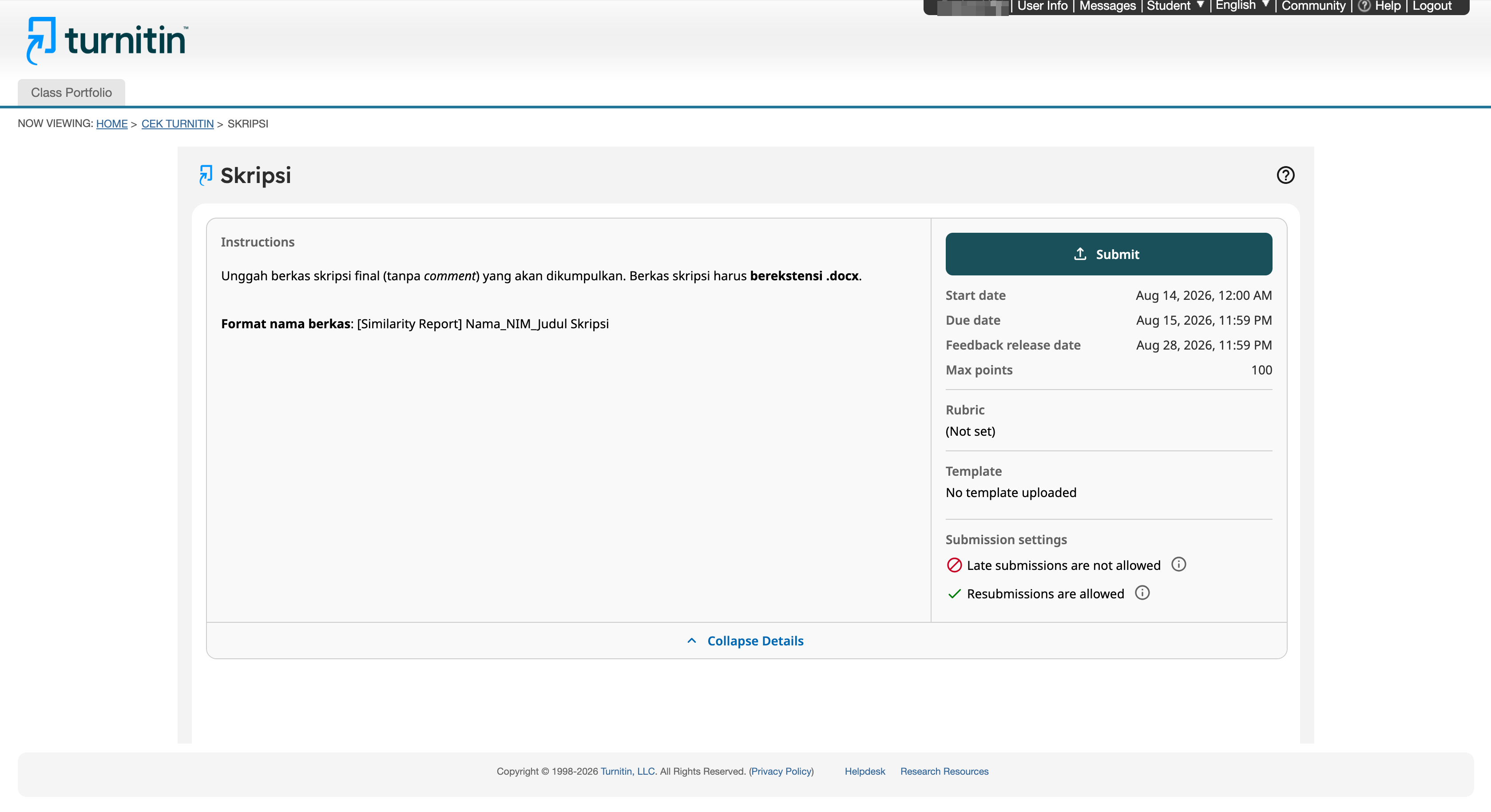 Tampilan Dashboard Assignment. Perhatikan instruksi sebelum mengunggah berkas.