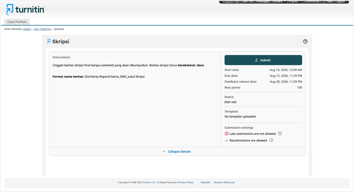 Tampilan Dashboard Assignment. Perhatikan instruksi sebelum mengunggah berkas.