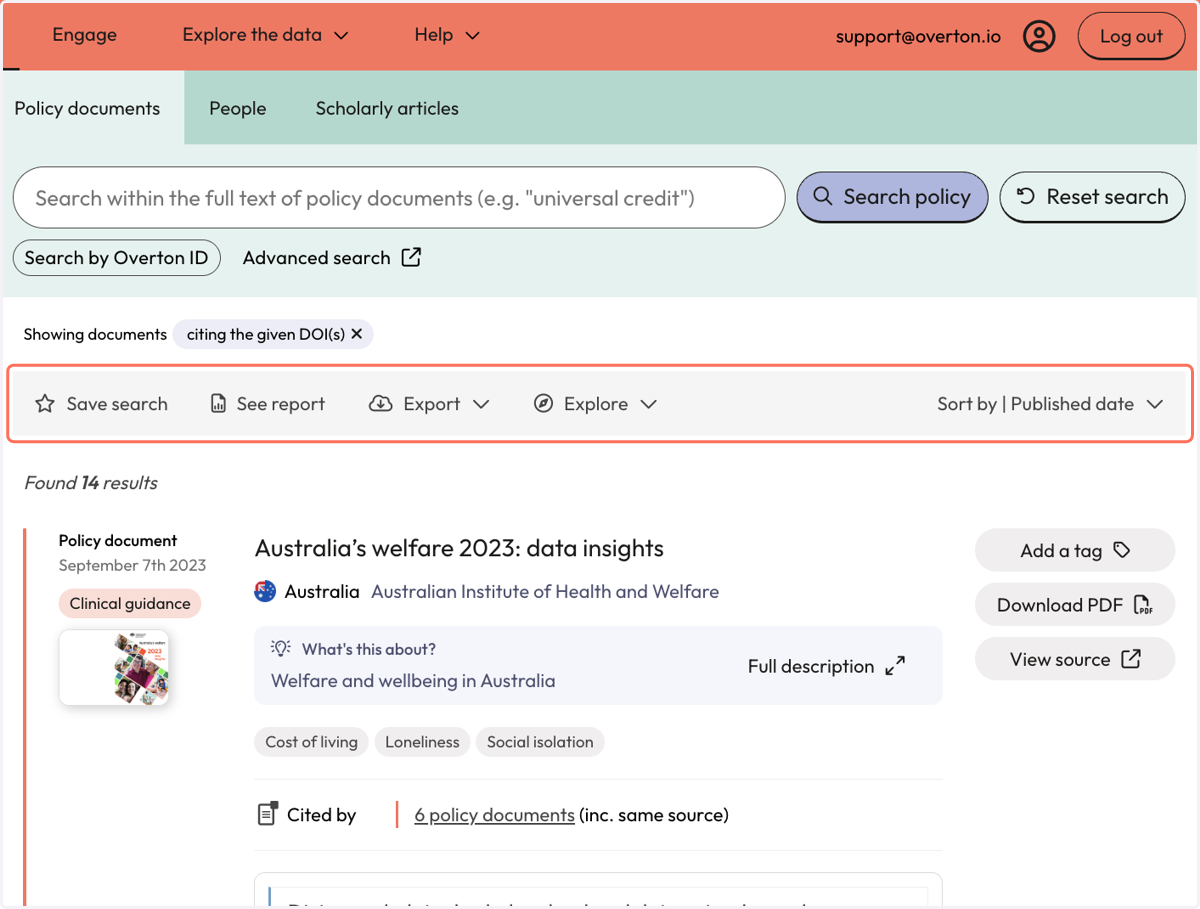 You can save your search (to set up email alerts), see a report, export these results, or explore further.