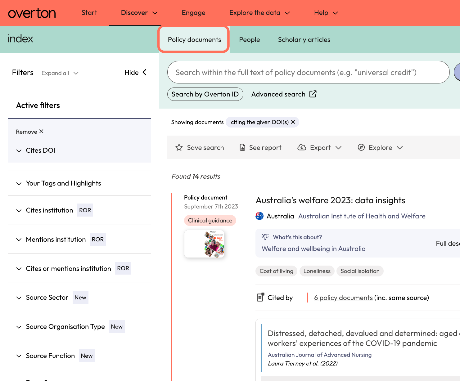 This takes you to the Policy documents search and finds all of the policy documents that cite your DOIs (that you've added to My Works).