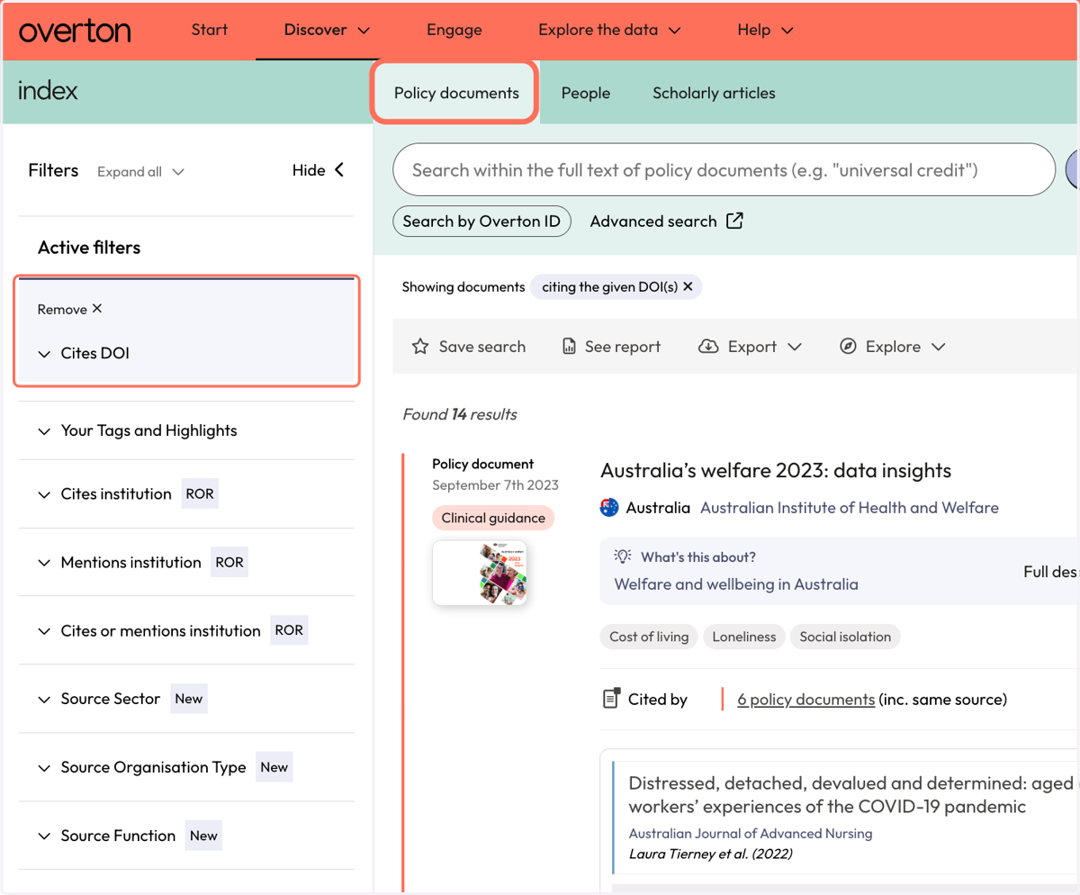This takes you to the Policy documents search and finds all of the policy documents that cite your DOIs (that you've added to My Works).