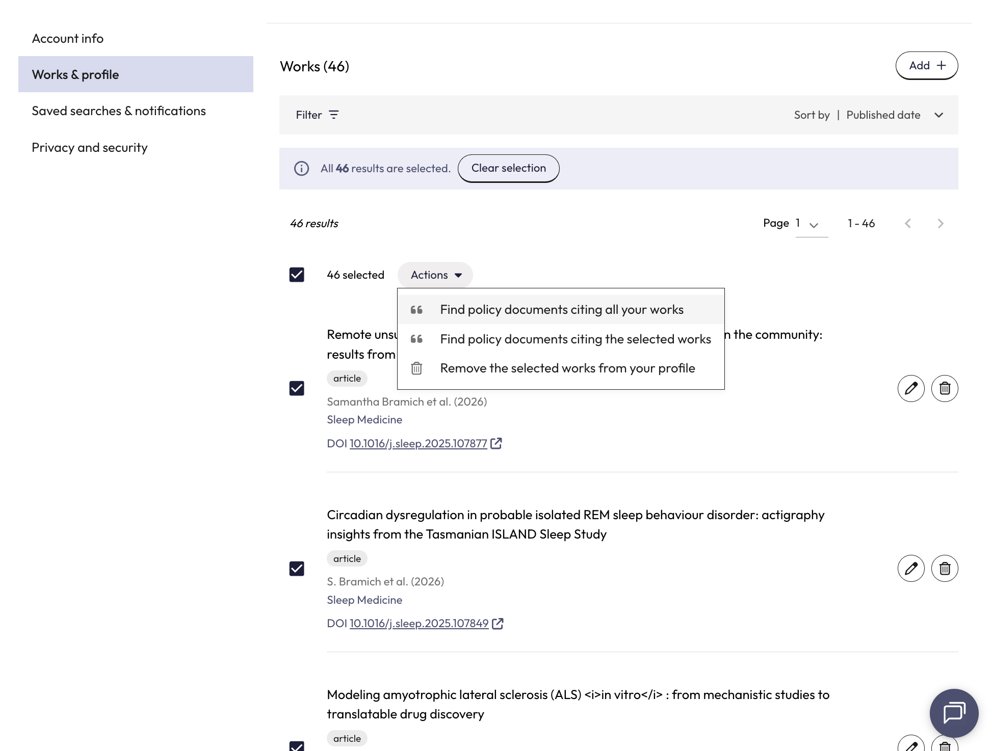 Selecting "Find policy documents citing all your works" will take you back to the policy document results from before.
