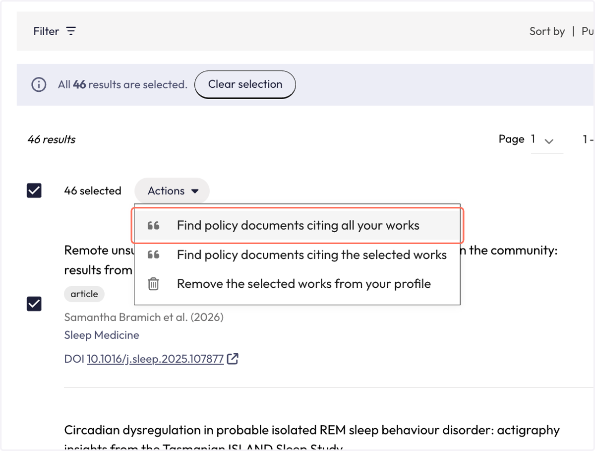 Selecting "Find policy documents citing all your works" will take you back to the policy document results from before.