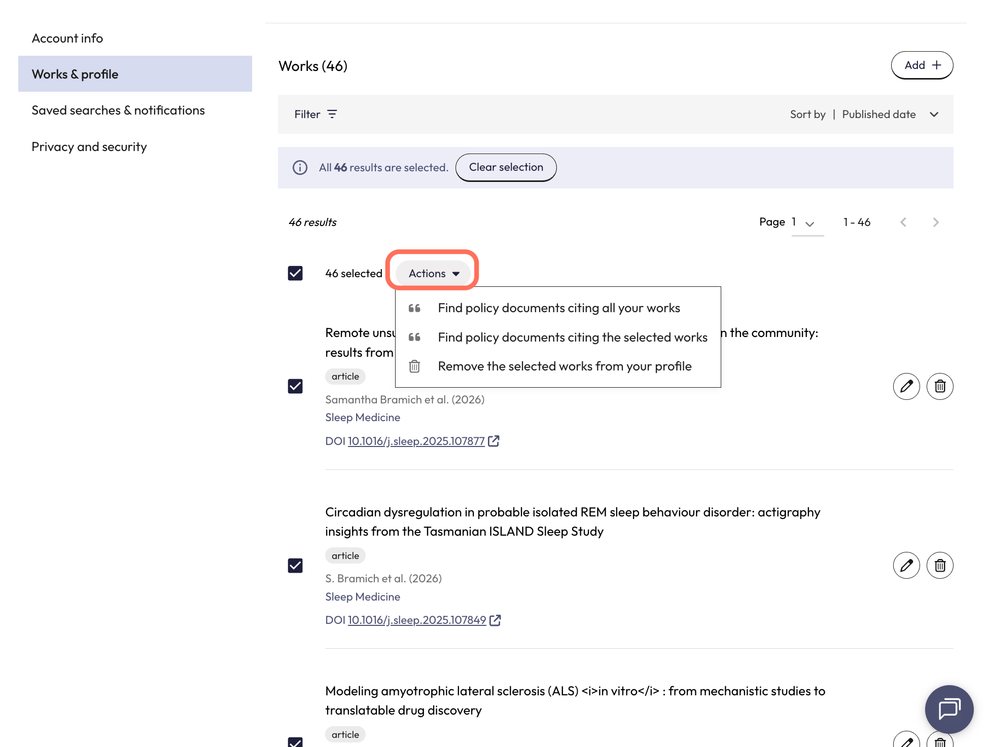 Once your articles are selected, use the "Actions" menu to see policy documents that cite all or some of your selected works or to delete the articles from your profile.