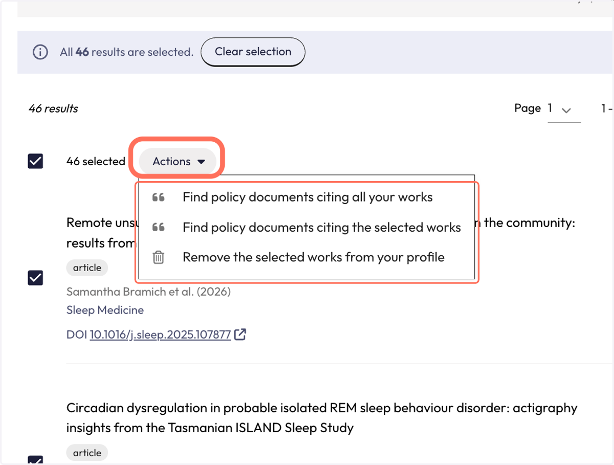 Once your articles are selected, use the "Actions" menu to see policy documents that cite all or some of your selected works or to delete the articles from your profile.