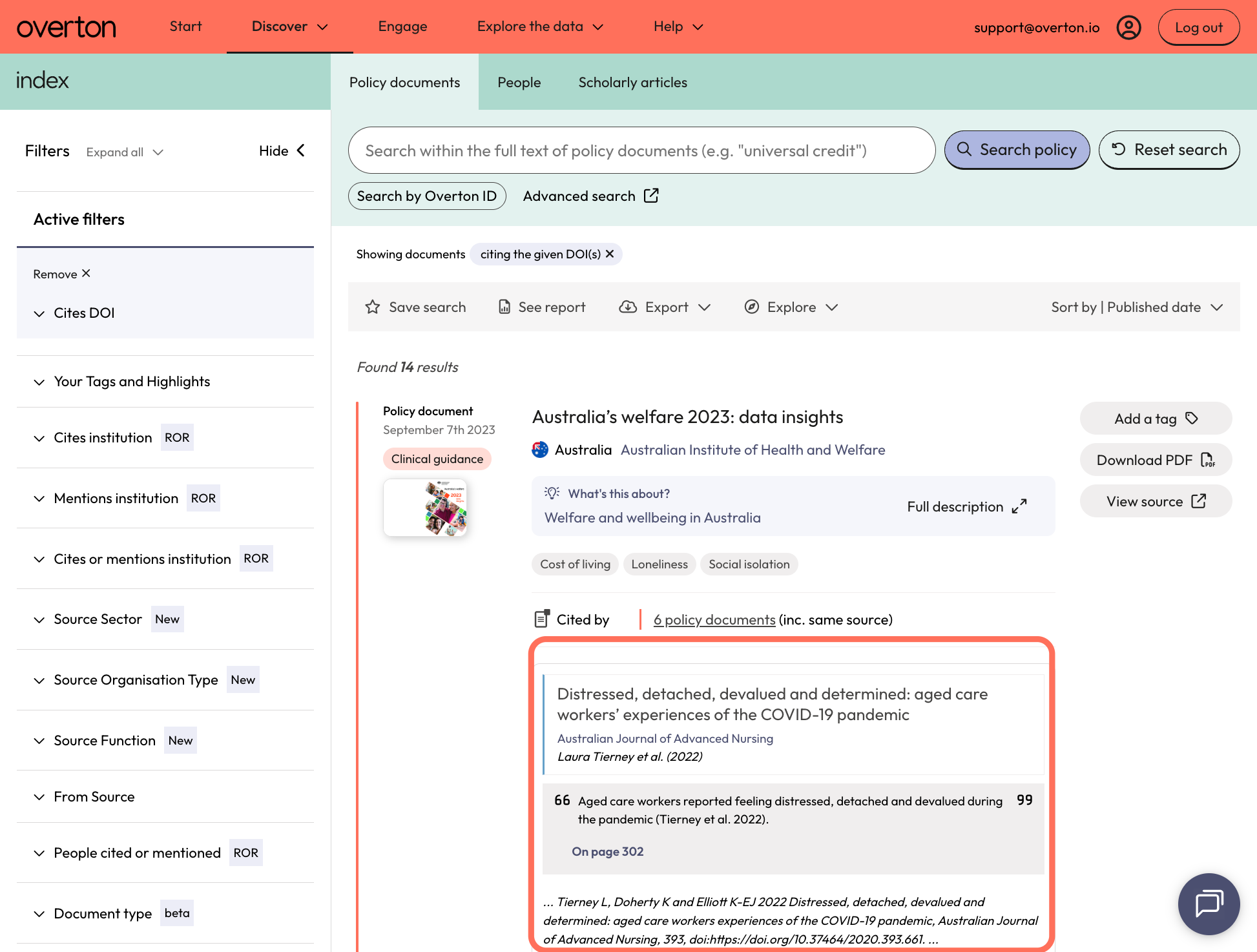 Each policy document includes a snippet that shows which of your articles it cites and where it is cited within the policy document.