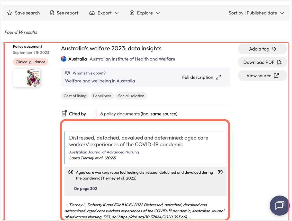 Each policy document includes a snippet that shows which of your articles it cites and where it is cited within the policy document.