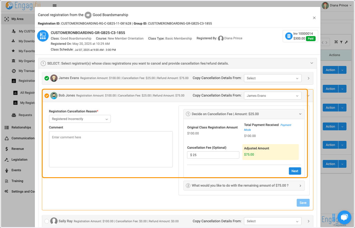 Now the cancellation details from selected registrant will already be filled in and you can click on Next to continue