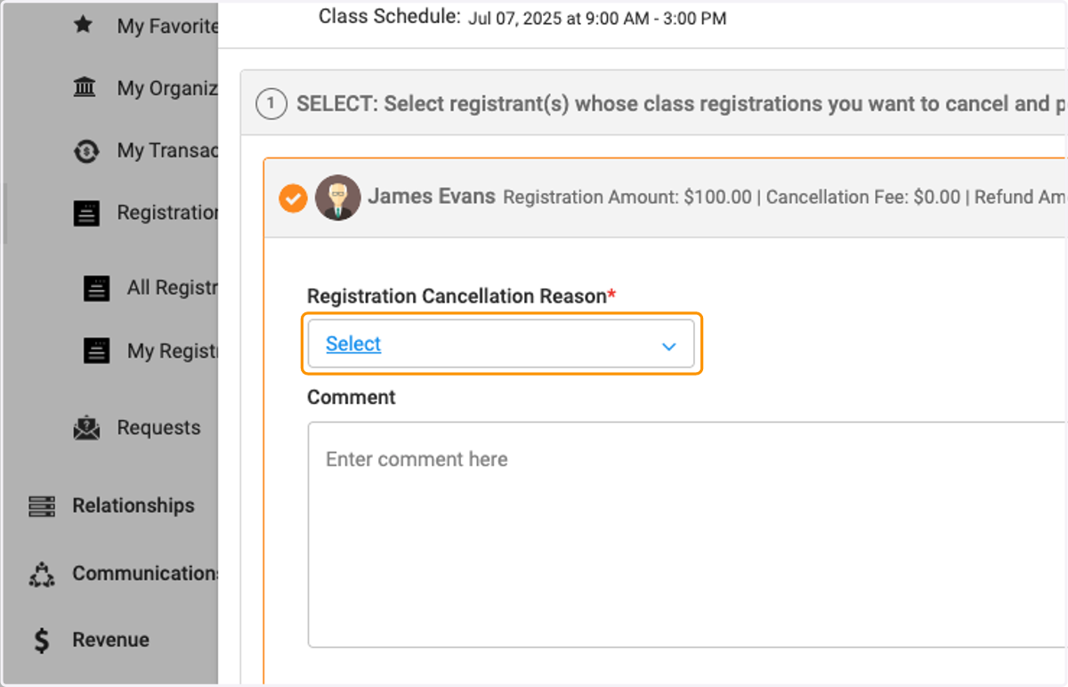 Select or Add a Cancellation Reason and an optional comment