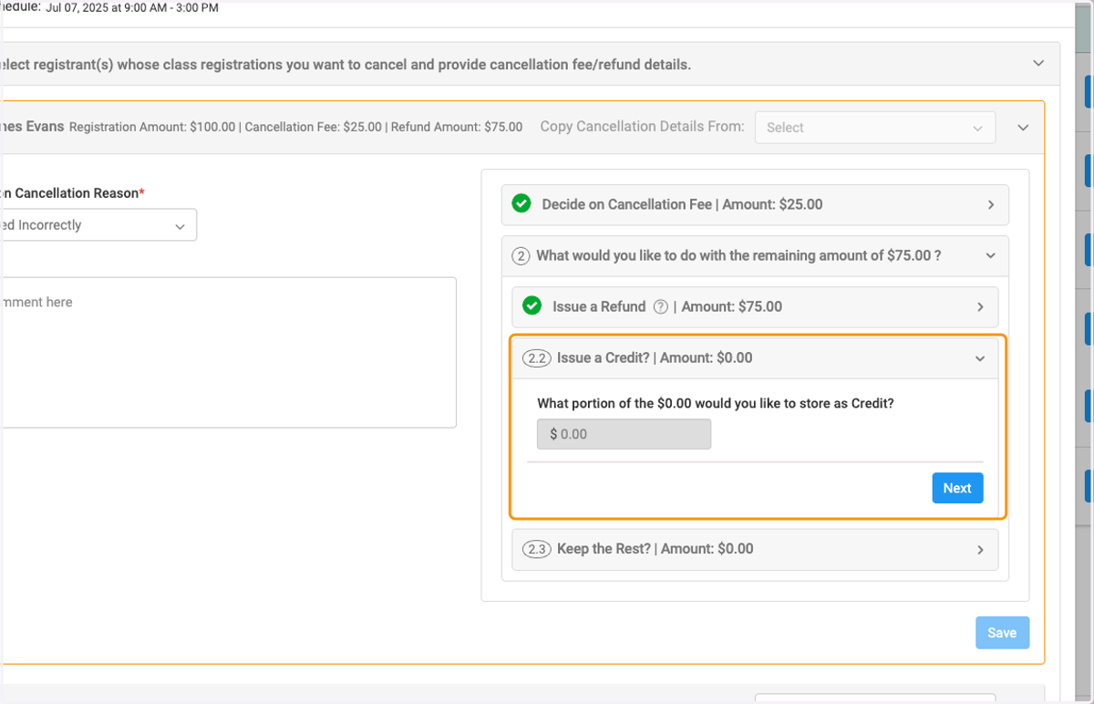 If no refund is being issued, determine a credit amount to use to pay for a future invoice and then select Next