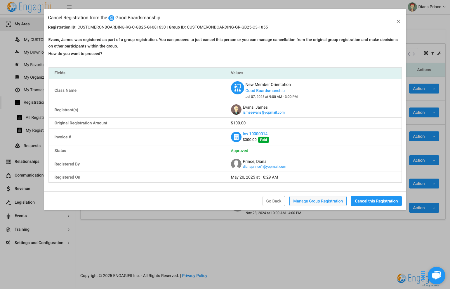 Click on Manage Group Registration to cancel everyone or click Cancel this Registration to only cancel an individual from the class.