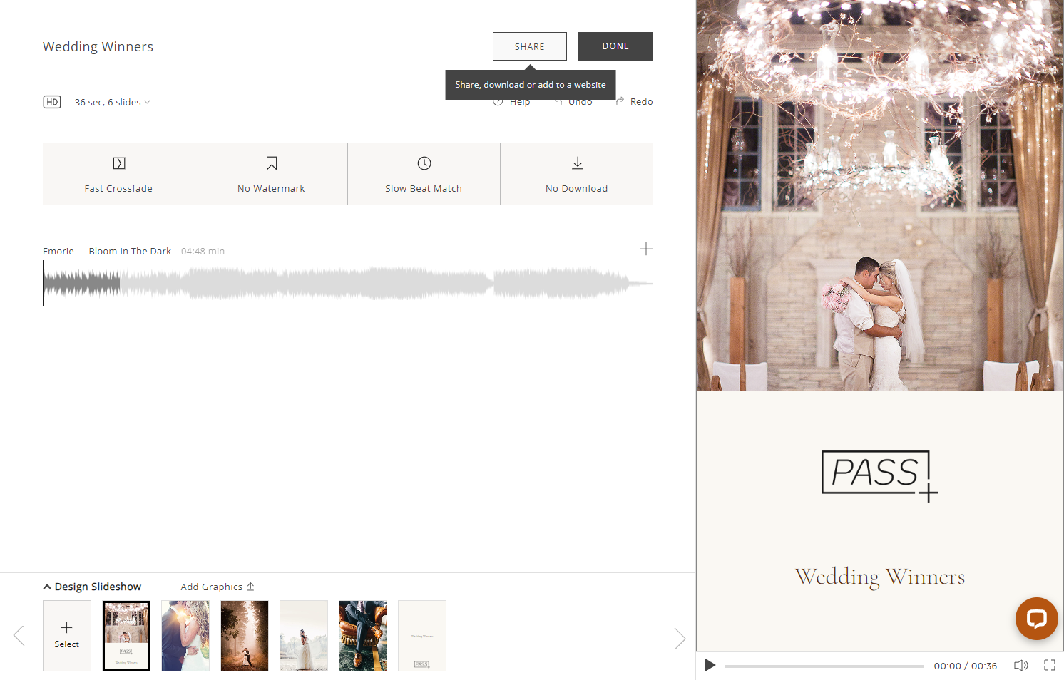 When you are done creating your slideshow, click the Share button in the slideshow editor to open the Sharing window.