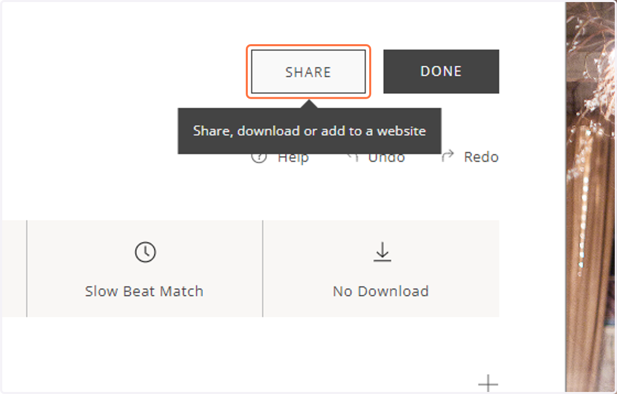 When you are done creating your slideshow, click the Share button in the slideshow editor to open the Sharing window.
