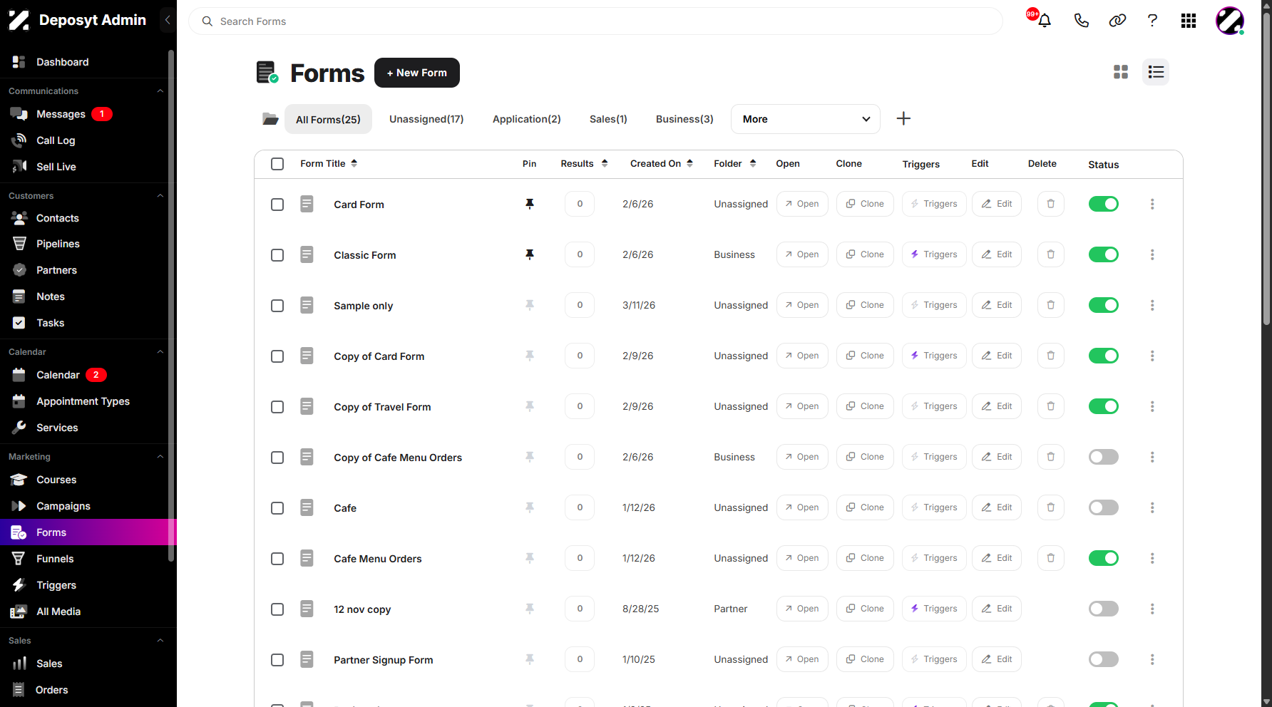 Step 1: On your Dashboard, navigate to the Forms tab under the Marketing section.