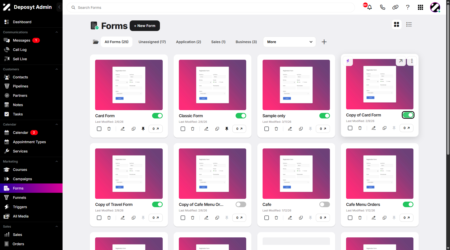 Step 5: Select a form, then toggle the switch on or off to enable or disable the selected form.