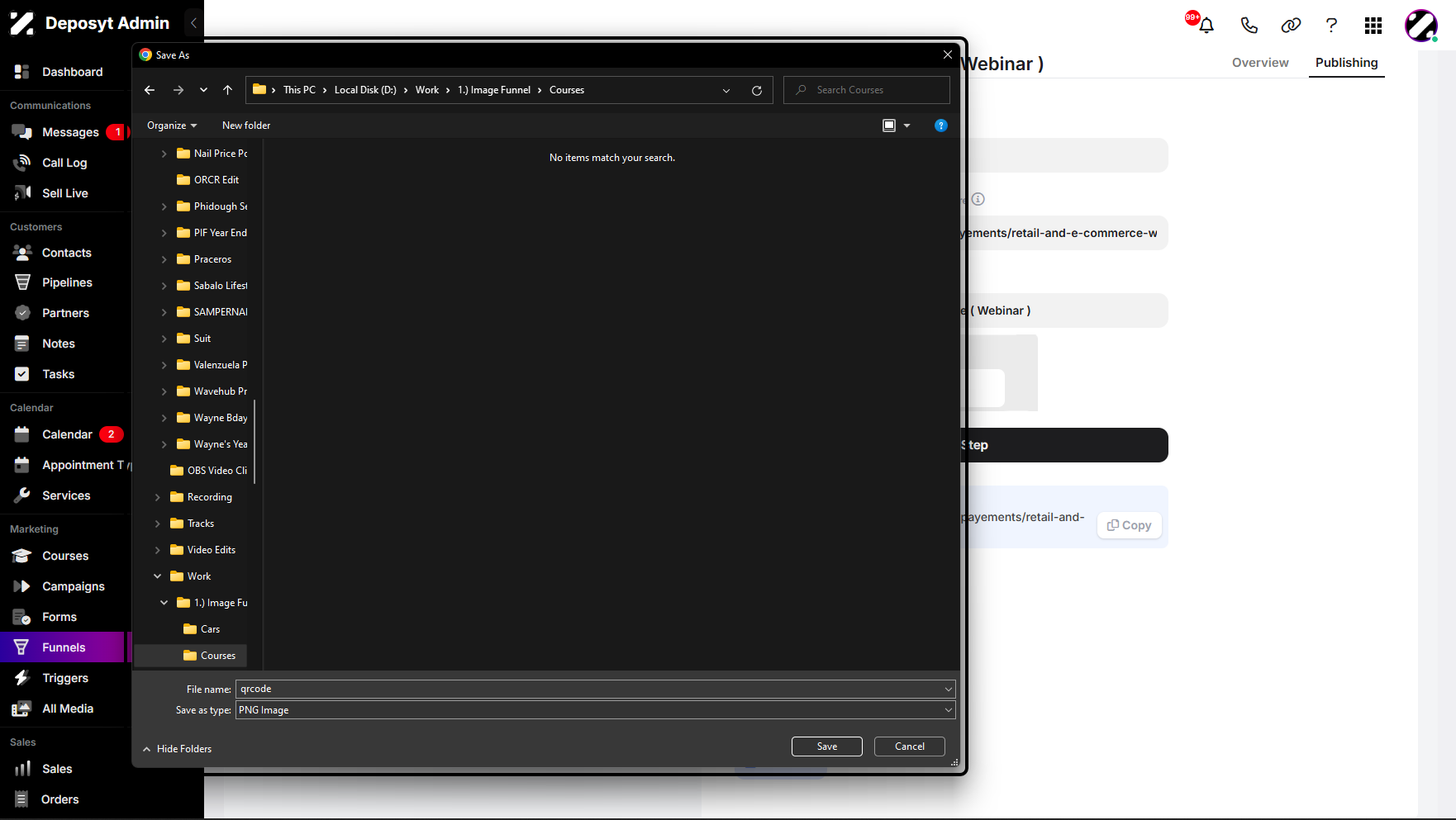 Step 8: Your desktop file browser will appear, allowing you to choose where to download the funnel QR code.