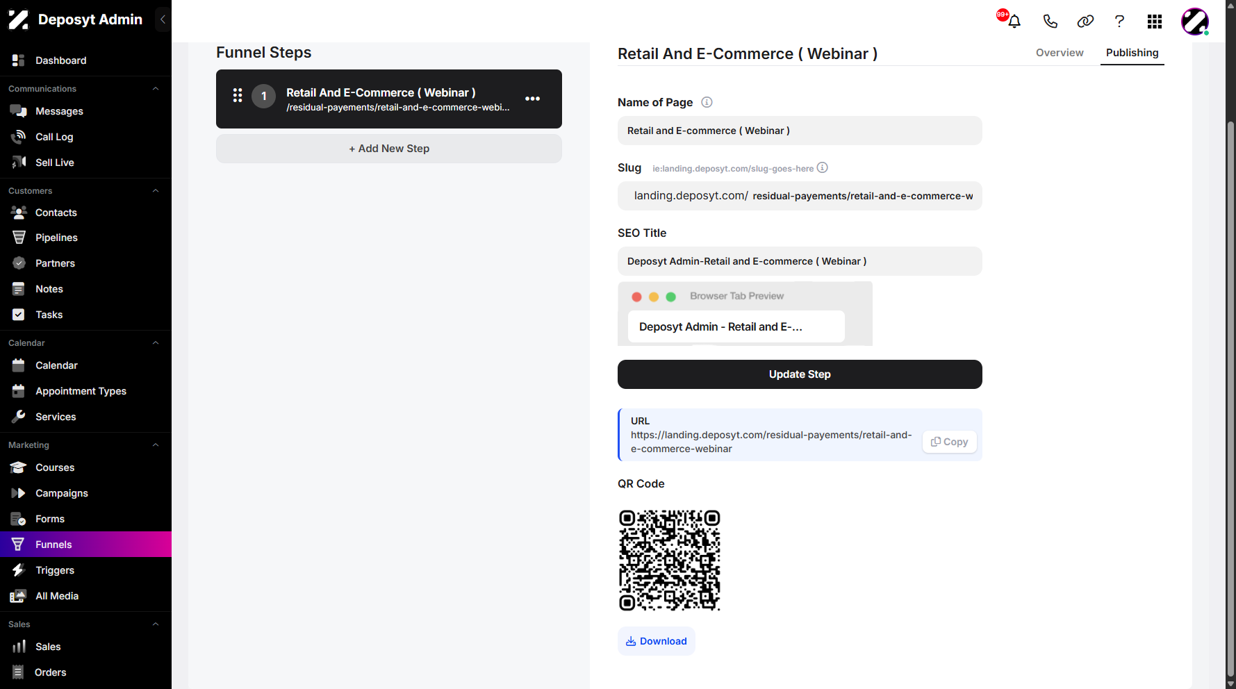 Step 6: The system will display the Publishing tab.