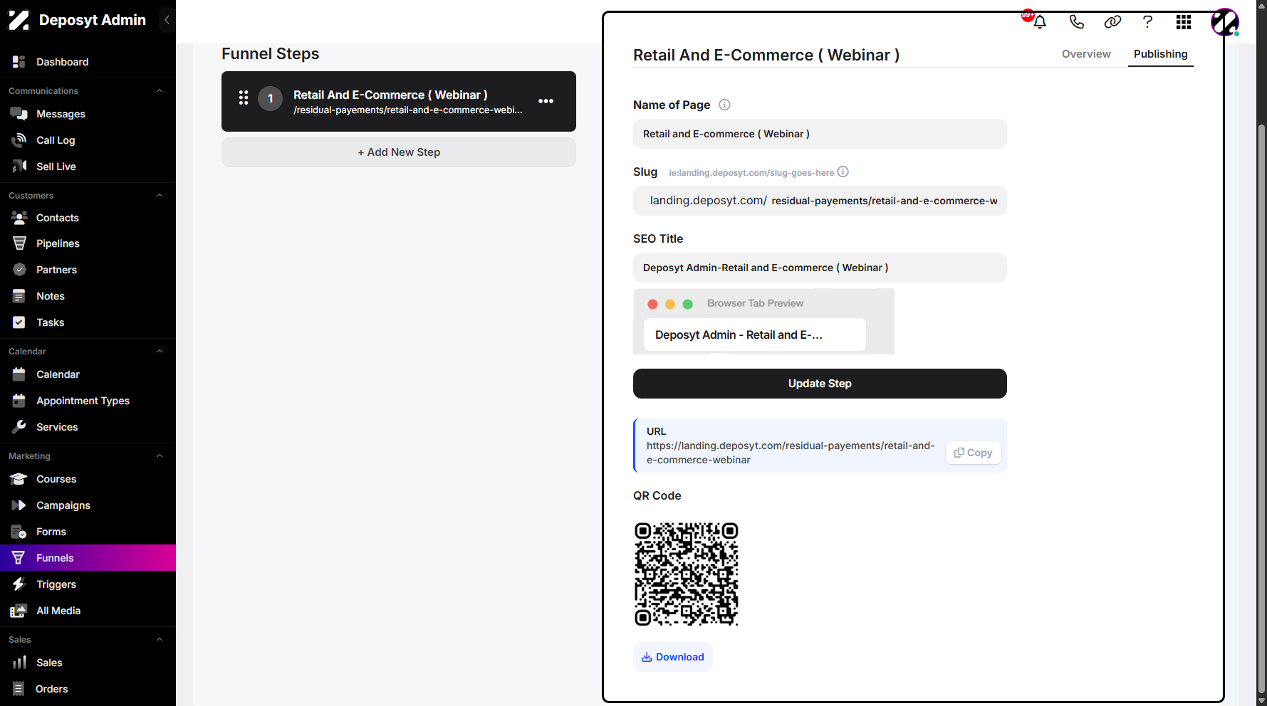 Step 6: The system will display the Publishing tab.