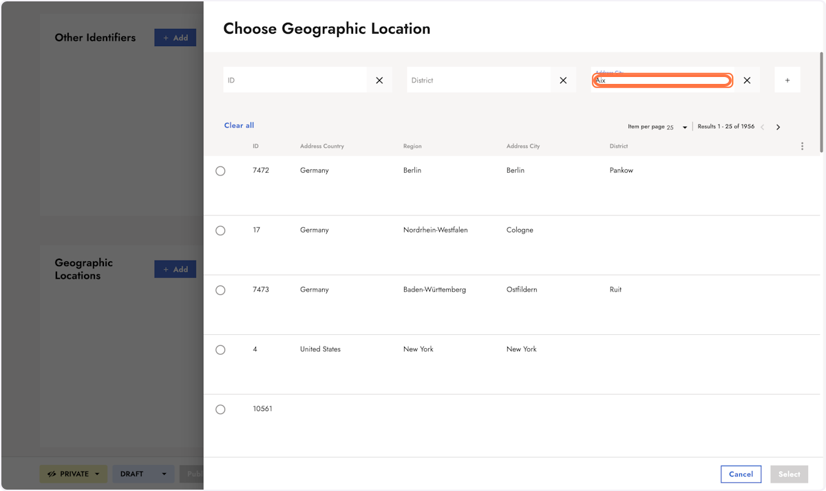 Use the available search filters to find the location you're looking for.