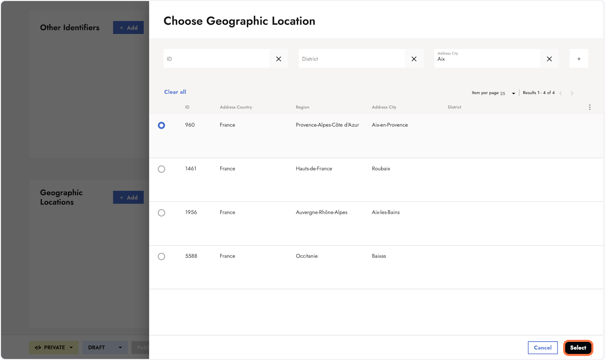 Choose a geographic location from the list. Click Select to confirm your choice. A new dialog opens.